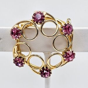 Vintage Gold Tone Pink Prong Set Rhinestone Circle Brooch Pin 1.5"